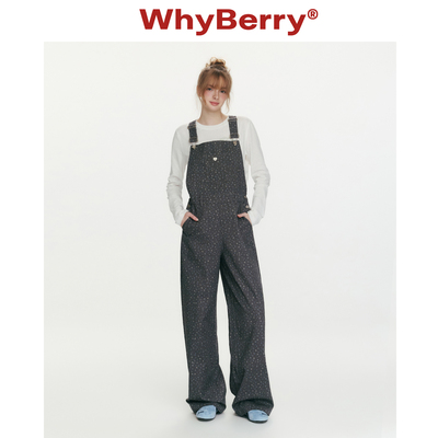 WhyBerry 26SS“草莓禁果”复古印花高腰牛仔背带裤阔腿纯棉长裤