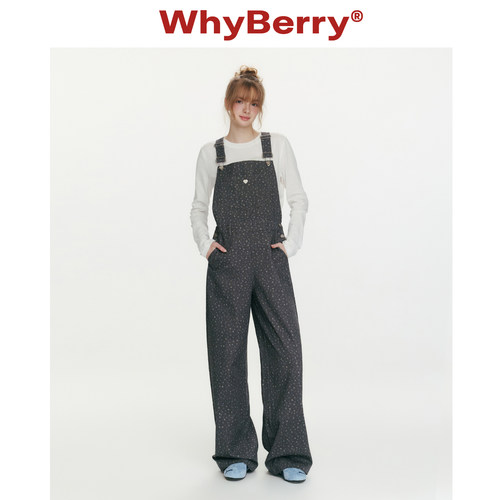 WhyBerry 26SS“草莓禁果”复古印花高腰牛仔背带裤阔腿纯棉长裤