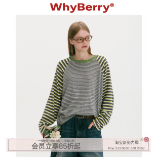 上衣显瘦休闲长袖 WhyBerry 条纹宽松插肩袖 青苹果 T恤 25AW