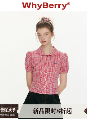 WhyBerry 26SS“花物语”红色格子娃娃领短袖衬衫百搭上衣女春夏