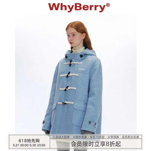WhyBerry 24AW“泡芙学院”蓝色牛角扣大衣秋冬复古加厚毛呢外套
