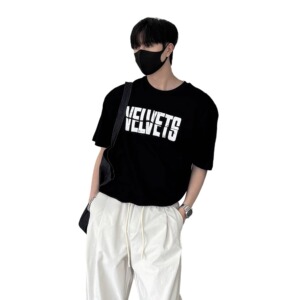 美式痞帅圆领字母印花t恤男士夏季宽松廓形短袖复古ins垫肩五分袖图片