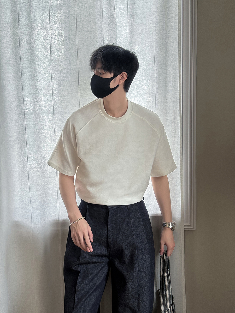 280克楼梯纹理插肩袖短袖T恤白ST85/P48控78，男装T恤，电商A242