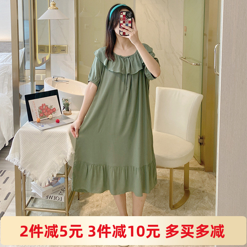 睡裙纯色睡衣夏季天全人棉绸短袖长款裙子宽松大码甜美气质仙女