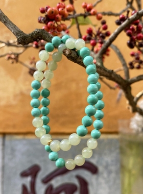 腕间山水和田玉绿松石手串双圈手链女款晴水和田玉手串能量叠戴款