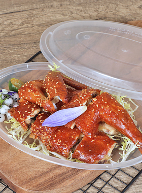 梅洋15498一次性椭圆形烤鸡烤鸭外卖打包盘子烤串盘塑料透明带盖