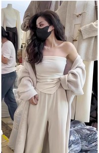 时尚套装抹胸+阔腿裤子显瘦宽松2023新款露锁骨性感迷人洋气直播