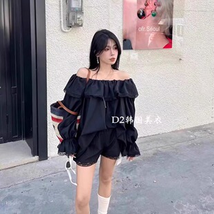 短裤 衬衫 甜美蕾丝边减龄氧气少女可定做 套装 一字领露肩荷叶边时尚