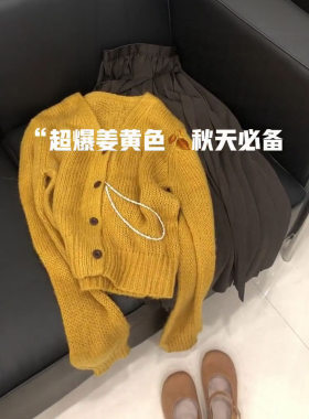 羊毛V领灯笼袖单排扣针织开衫女