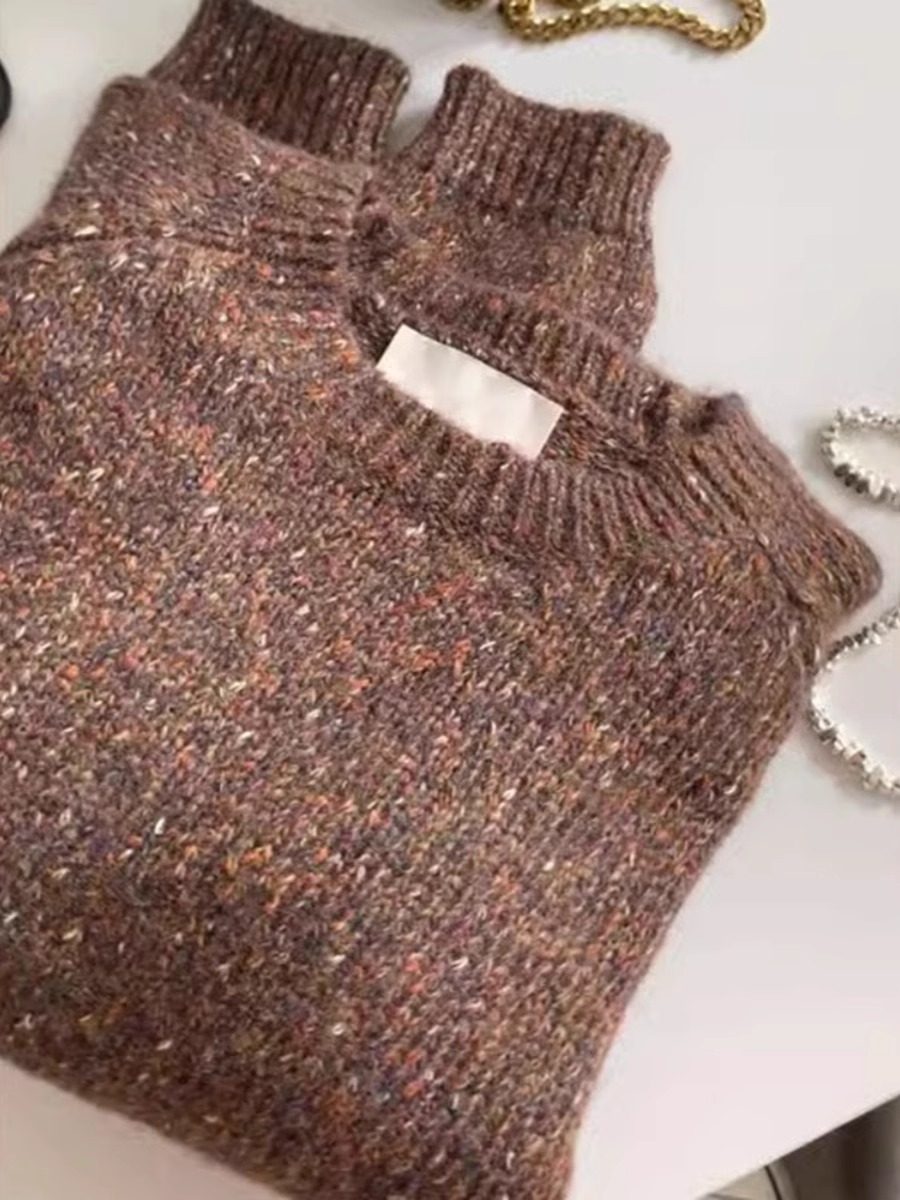 秋冬款花纱棕色圆领长袖针织衫毛衣女慵懒风时尚软糯百搭减龄上衣,女装/女士精品,毛针织衫,淘宝优惠券,粉丝福利购,淘宝优惠卷