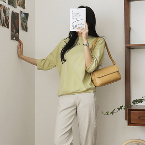 2023夏季宽松大码休闲简约七分袖T恤女纯色百搭显瘦圆领上衣薄款