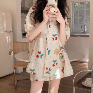 新品 棉纱可爱樱桃蕾丝外穿睡裙短袖 2025夏季 韩版 家居服女 短裤 套装