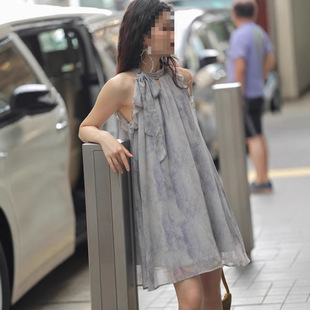 法式 小个子高级感气质显瘦短裙 纯欲甜美无袖 挂脖连衣裙女2025夏季