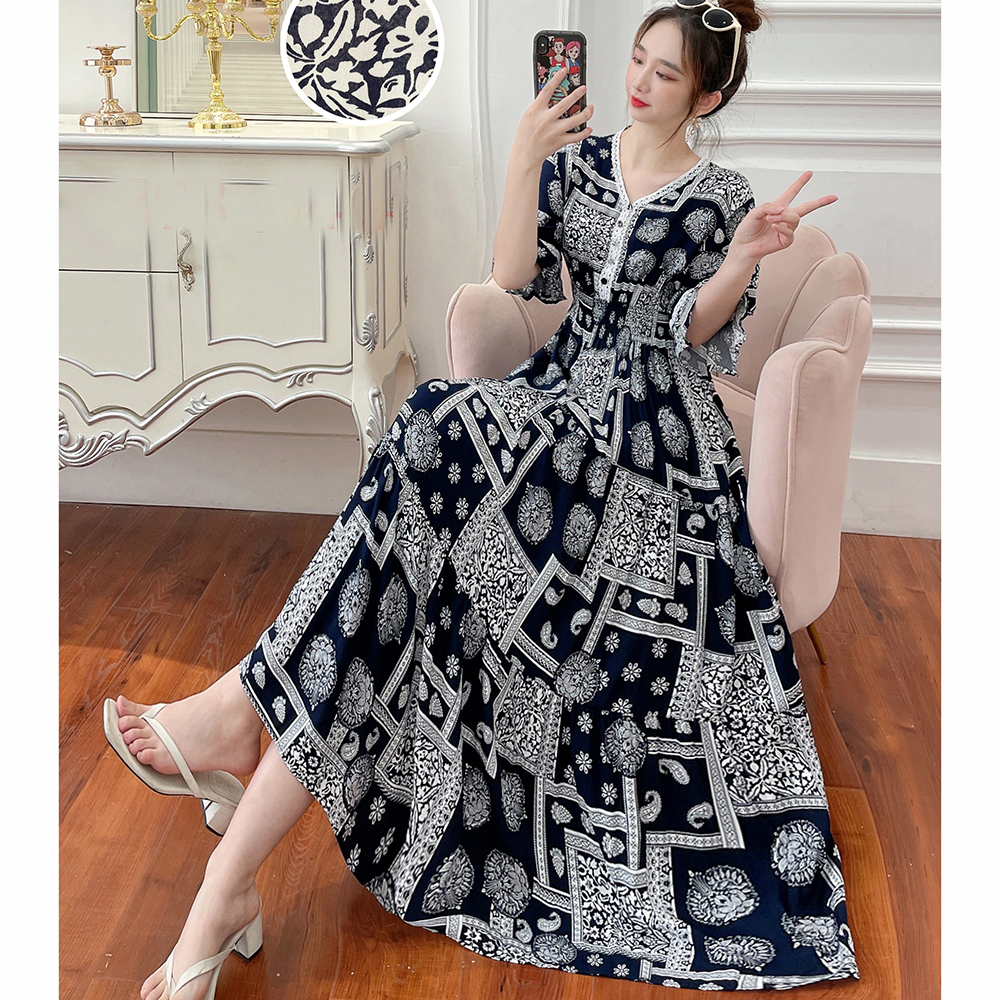 度假棉绸波西米亚大摆长裙碎花