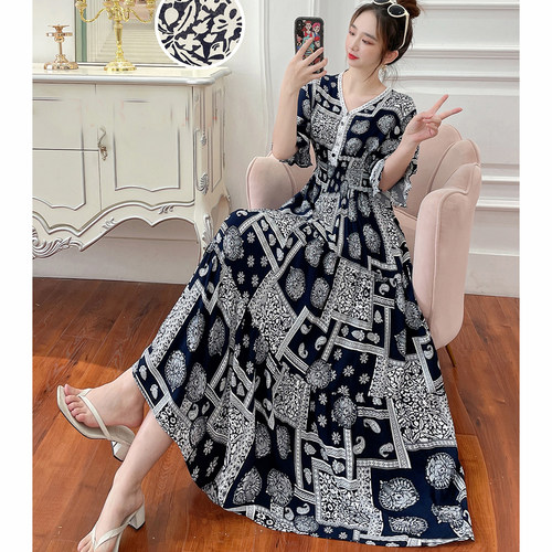 度假棉绸波西米亚大摆长裙碎花