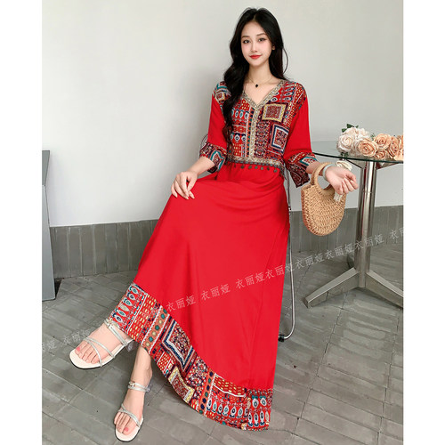 棉绸长裙印花民族风连衣裙