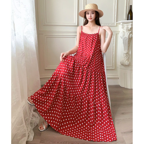 棉绸长款碎花度假风宽松吊带裙