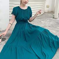 Bohemian floral cotton silk wide-swing dress, long dress, beach dress, vacation dress, printed one-shoulder collar, sweet summer thumbnail 4