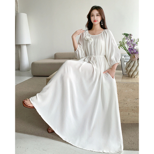 棉绸连衣裙高级感系带慵懒风长款宽松大码胖MM度假风沙滩裙一字领