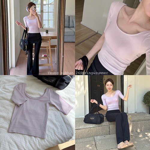 YSH/美神中袖tee  修身宽U领正肩显瘦瑜伽服气质纯欲百搭短袖上衣