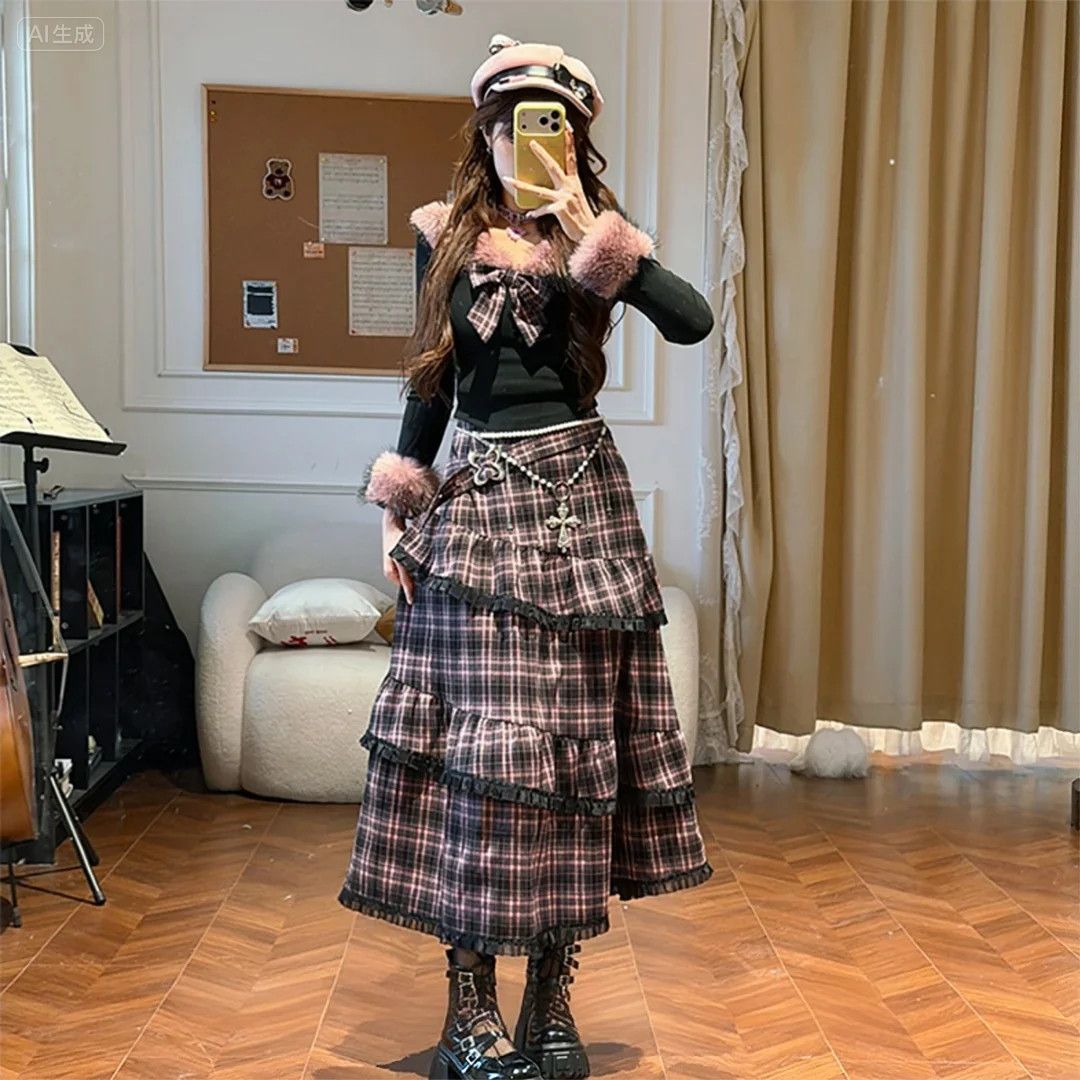 一字领撞色针织衫上衣+高