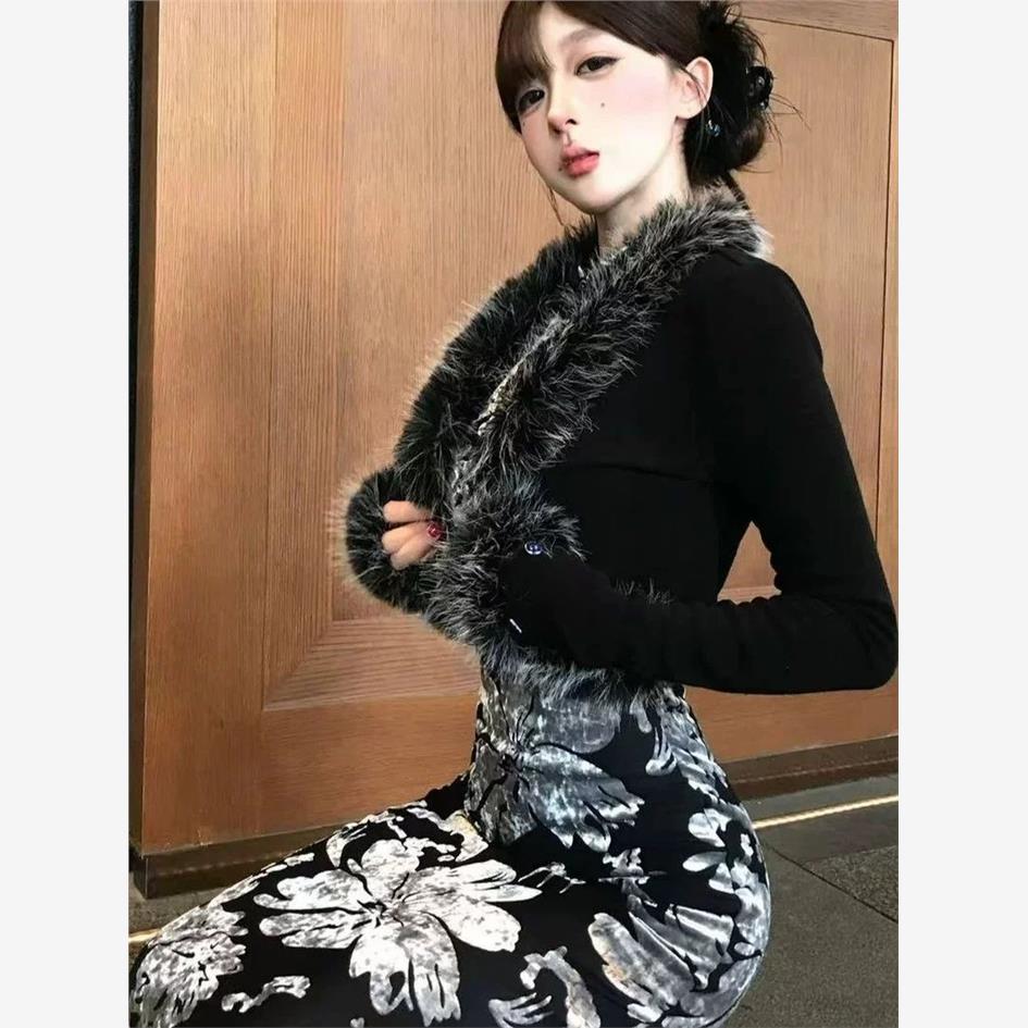 中式高级感毛毛长袖开衫立领提花无袖包臀旗袍女2025秋冬新款套装