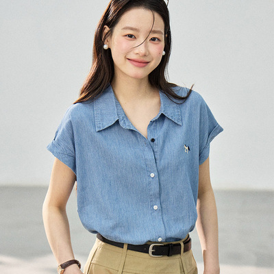 韩系通勤蓝条纹小马刺绣短袖衬衫