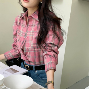 流行上衣韓系通勤寬松慵懶風(fēng)格 粉色格紋襯衫 女長袖 早秋新款 子襯衣