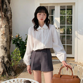 流行韩系洋气气质长袖 女2026年春装 衬衣 复古蕾丝边娃娃领衬衫 法式