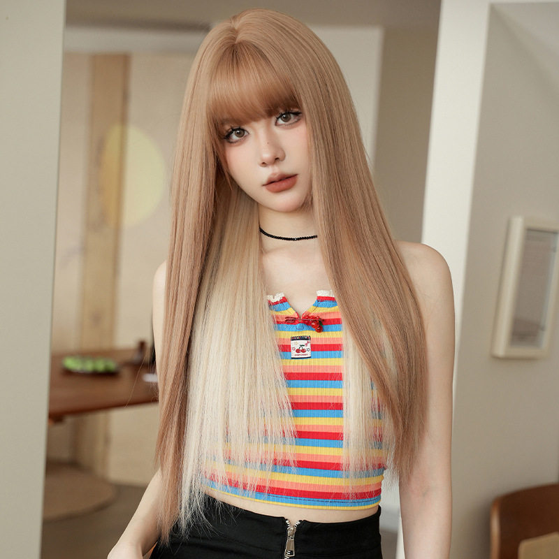 新款浅金挂耳染假发女修脸齐刘海长直发假发时尚自然仿真长发wigs
