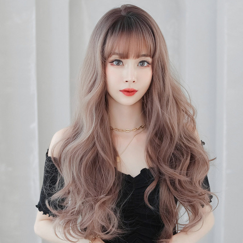 头顶染色假发女空气刘海长卷发假发头套蓬松偏分头顶大波浪长发套