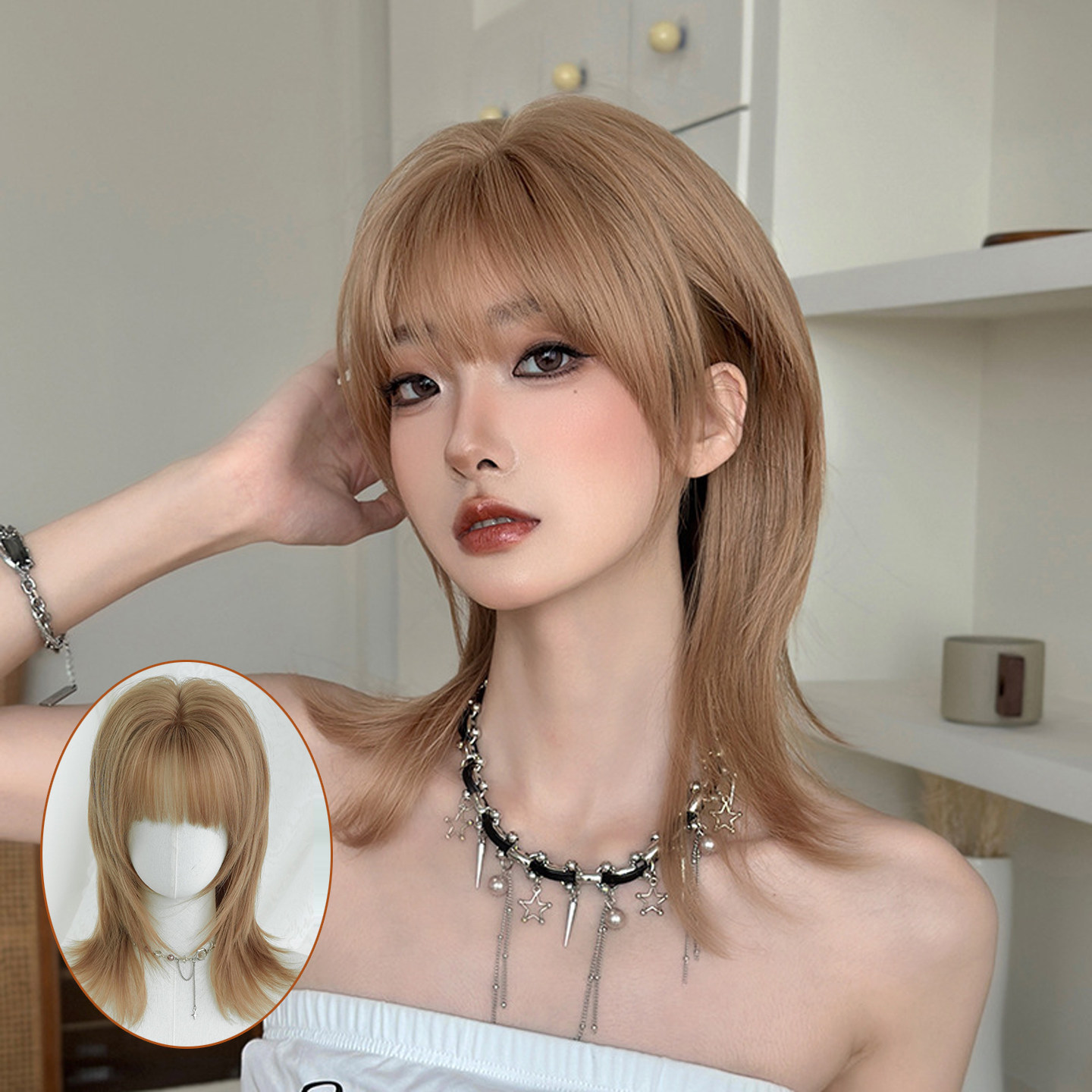 栗木亚麻色假发女空气刘海狼尾锁骨发全头套中性时尚齐肩发中长发