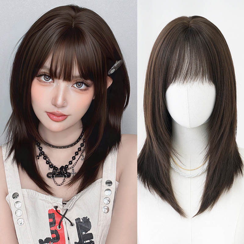 琥珀黑棕色假发女姬发式层次中长发假发全头套仿真修脸长直发wigs