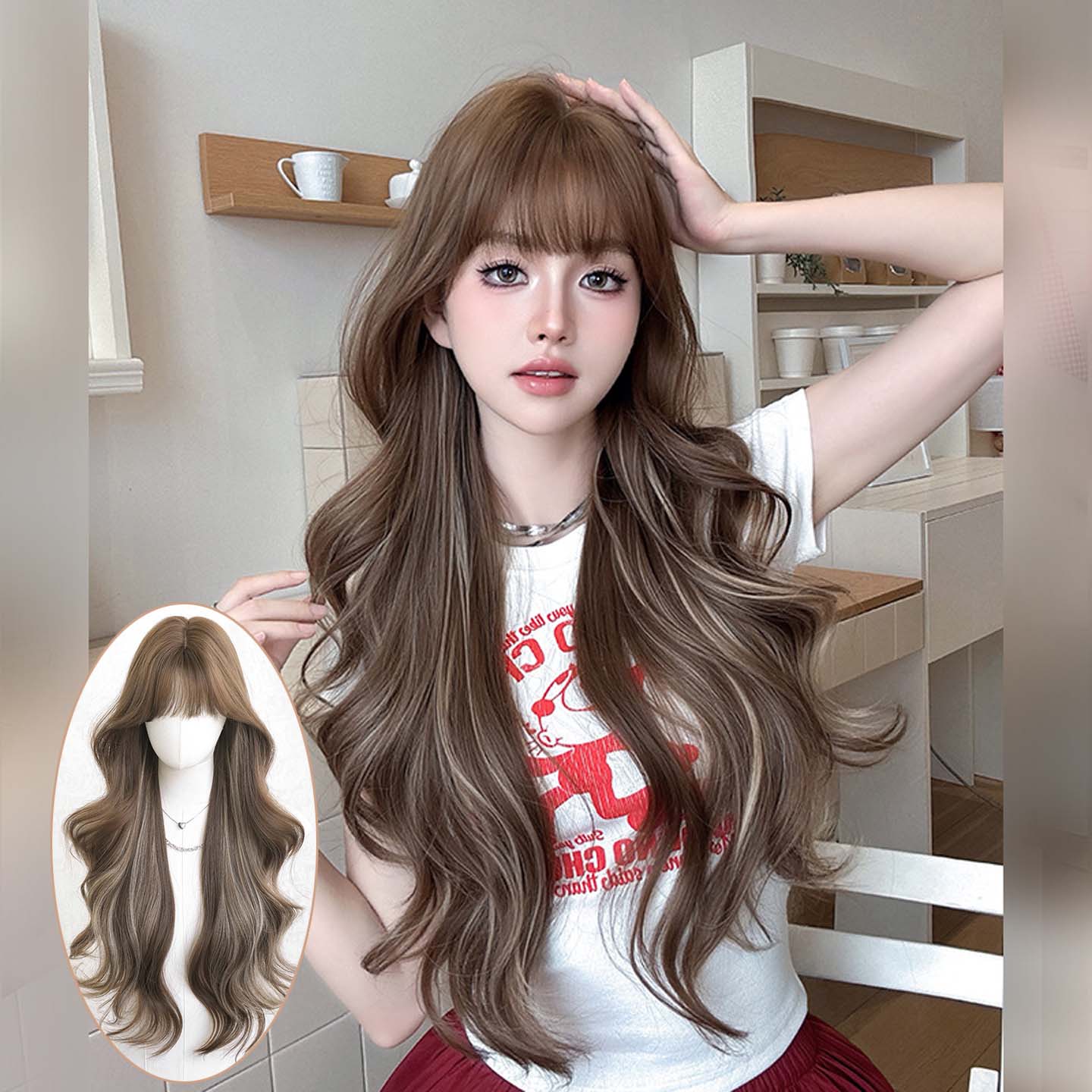 奶茶棕挑染米白假发女大波浪齐刘海长卷发假发全头套蓬松长发wigs
