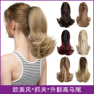 欧美复古假发女抓夹发尾外翘短卷发马尾假发蓬松高马尾ponytails