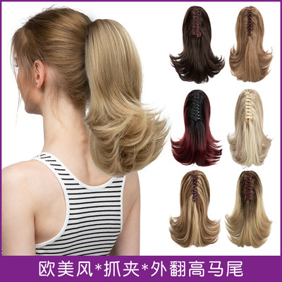 欧美复古假发女抓夹发尾外翘短卷发马尾假发蓬松高马尾ponytails