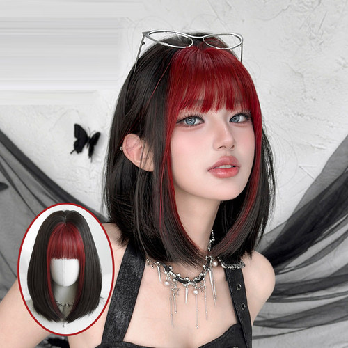 浆果红刘海染假发女齐刘海BOBO头锁骨发假发全头套漫画染短发wigs