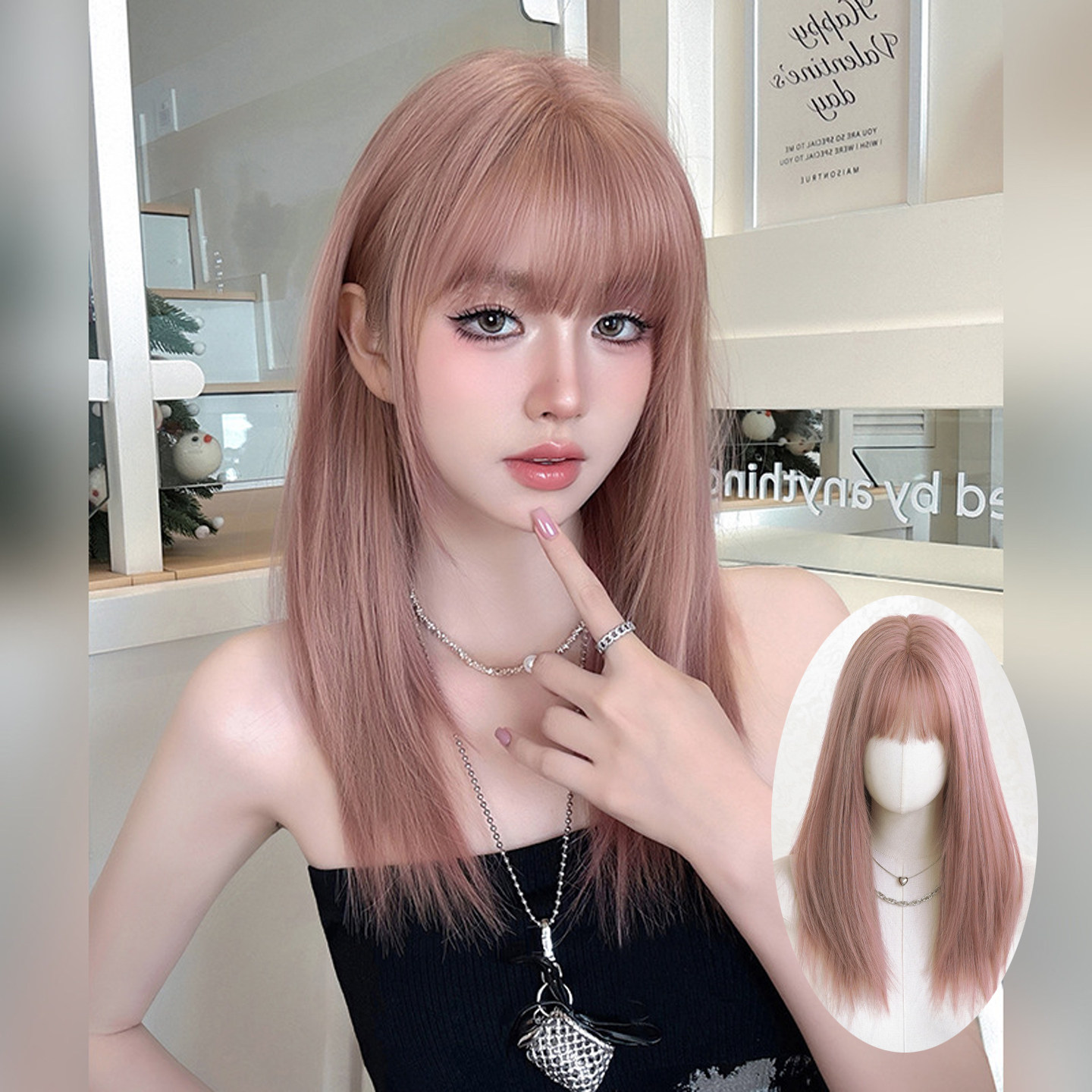 粉橘色假发女齐刘海长直发假发全头套层次感中长发假发pink wigs