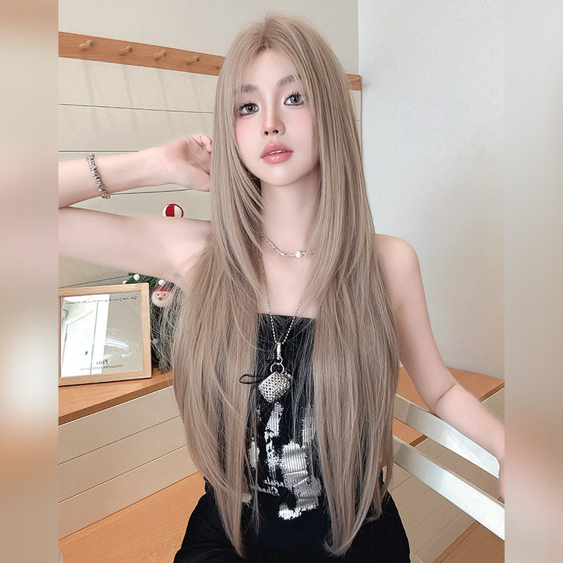 奶茶灰棕假发女中分刘海长直发假发头套时尚修脸层次感超长发wigs