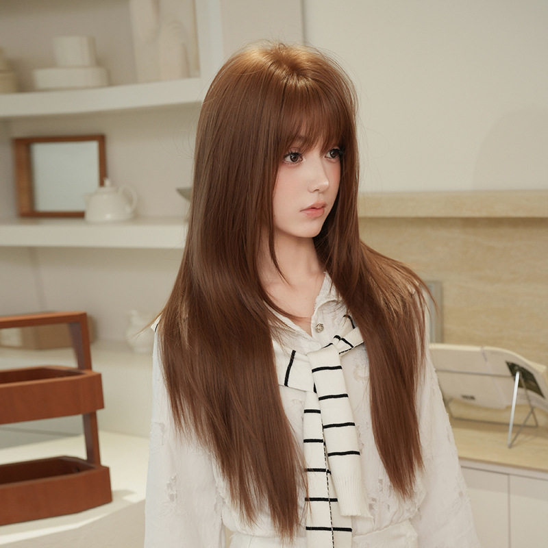 日韩式假发女齐刘海层次感长直发假发全头套显白茶棕色长发wigs