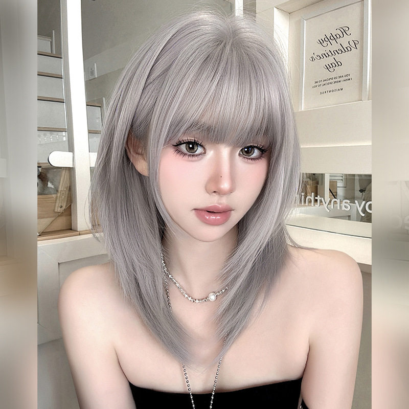 迷雾灰假发女层次感锁骨发假发全头套蓬松仿真发齐刘海长直发wigs