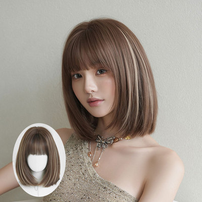 奶茶棕挑染假发女齐刘海披肩锁骨发假发全头套蓬松BOBO头短发wigs