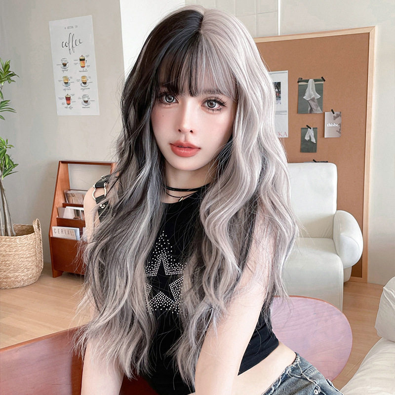阴阳鸳鸯双色假发女空气刘海大波浪假发欧美长卷发假发全头套wigs