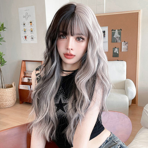 阴阳鸳鸯双色假发女空气刘海大波浪假发欧美长卷发假发全头套wigs