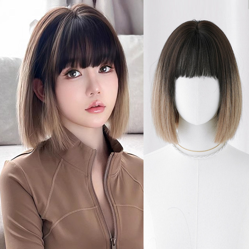 显白假发女渐变浅白茶短发整顶头套自然仿真齐刘海短直发假毛wigs