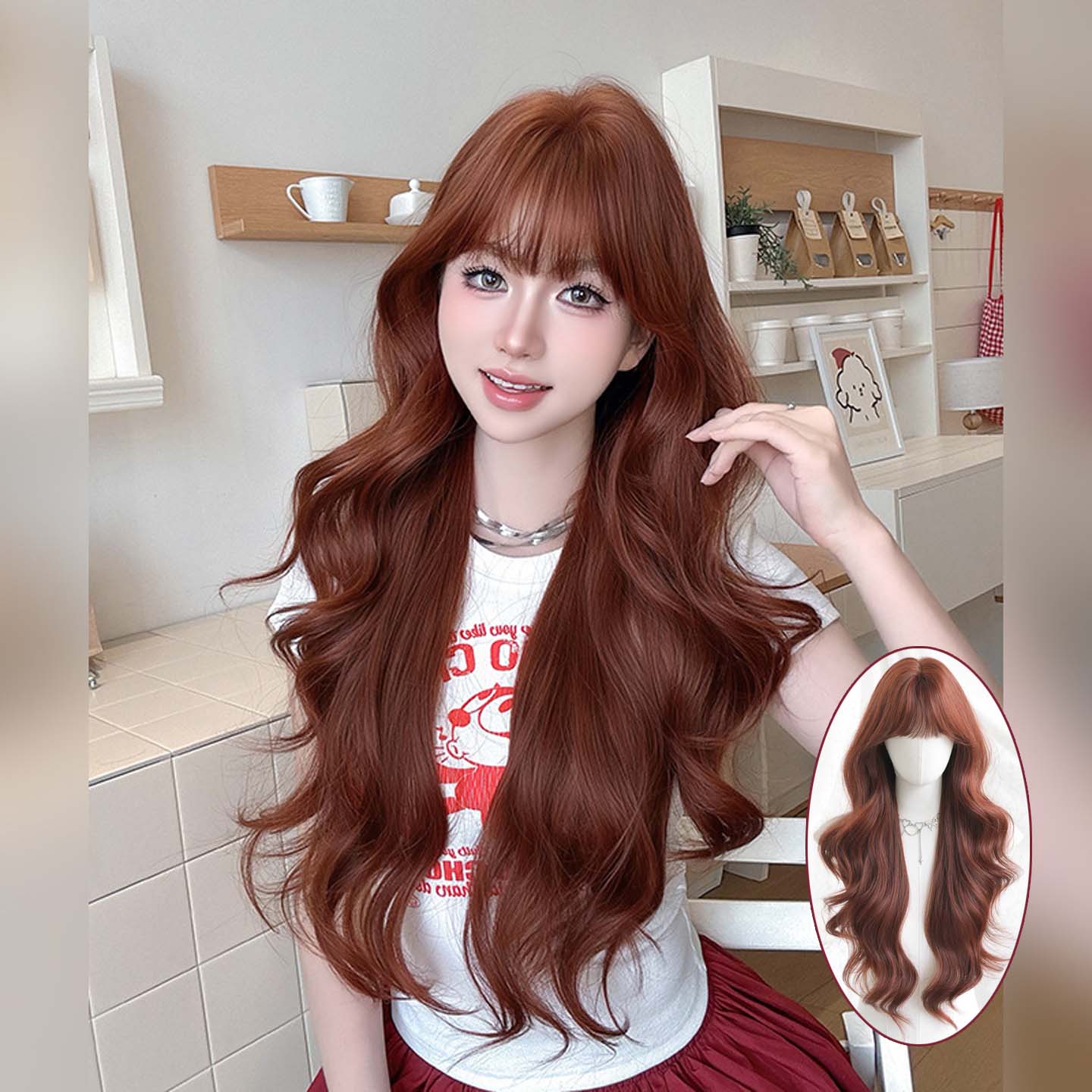 橘红色假发女齐刘海长卷发假发头套蓬松仿真发显白大波浪长发wigs