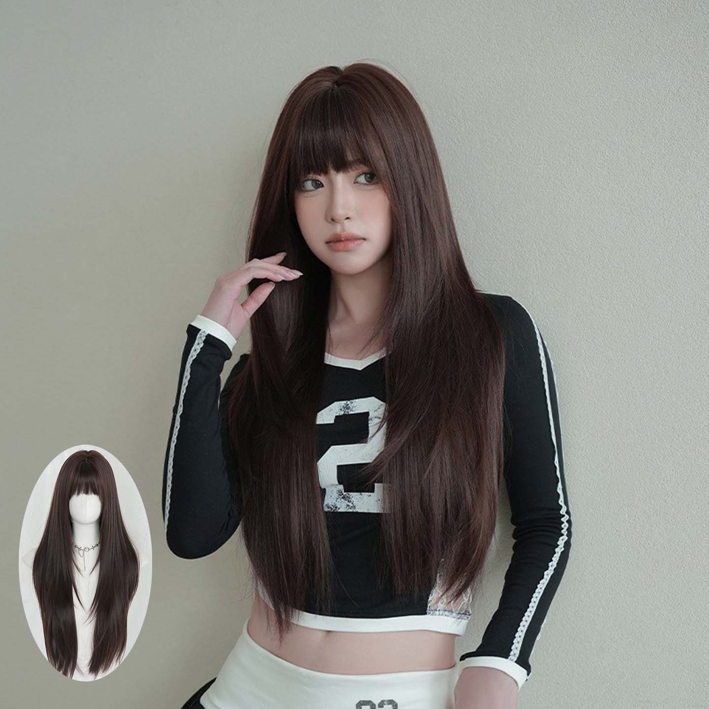 凡戴克棕色假发女齐刘海层次感长直发假发头套显白自然超长发wigs