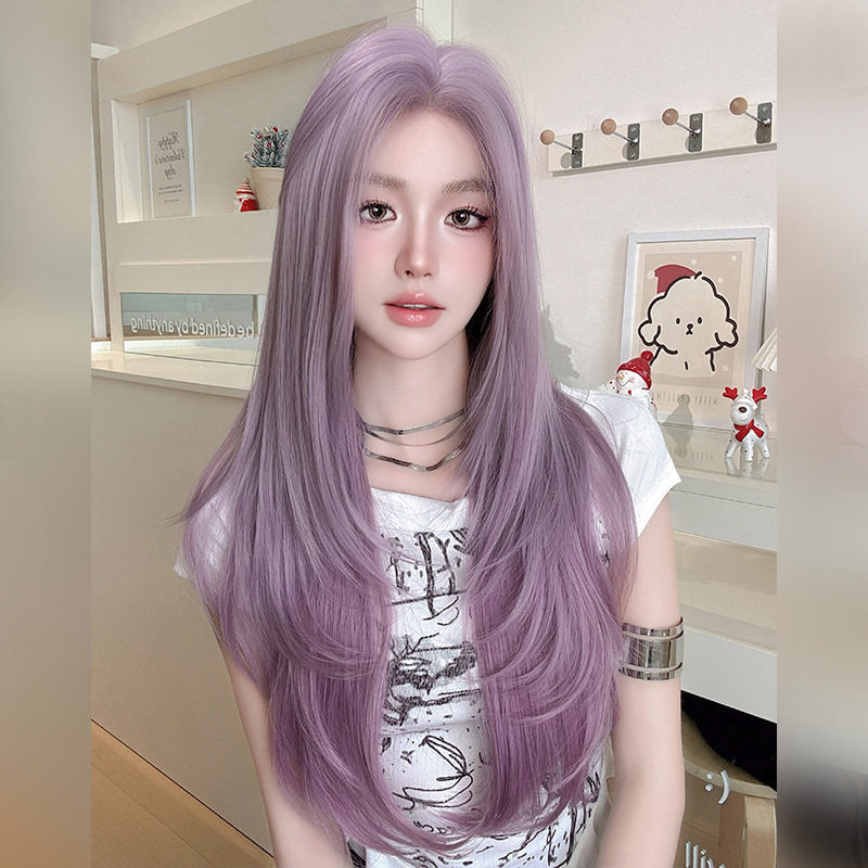雪青紫色假发女中分层次感长直发假发全头套仿真发显白长发wigs