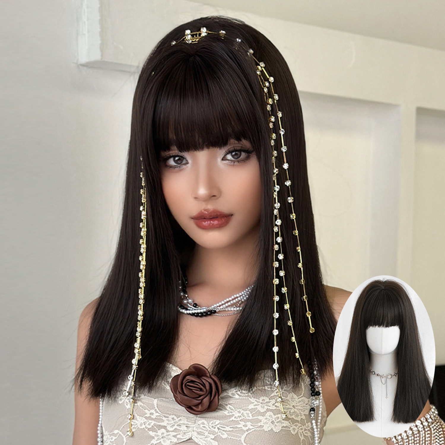 黑茶色假发女齐刘海中长直发假发日韩式蓬松柔顺黑长直全头套wigs
