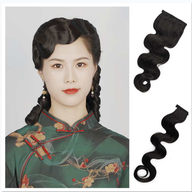 复古旗袍假发女手推手推波纹前额刘海片民国风长卷发假发刘海wigs